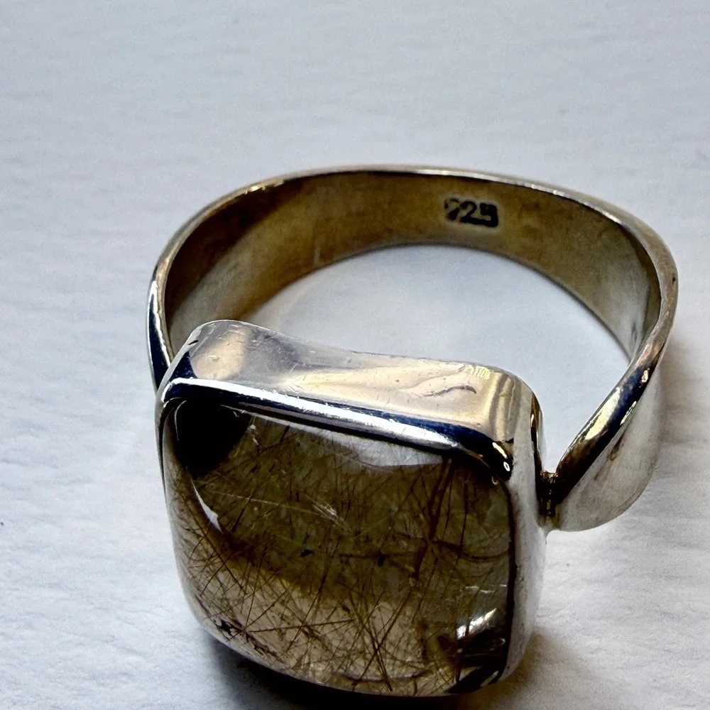 Sterling Silver Rutilated Quartz Square Statement Ring Modernist Band Size 9.5